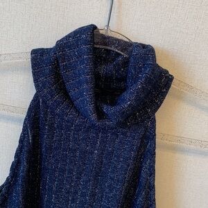 Zara Navy Blue Shimmery Ribbed Cowl Neck Sweater